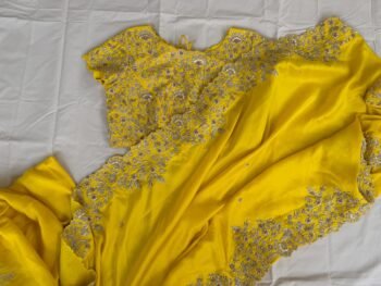 Yellow handwork Saree:Hand Embroidered Blouse,green Indian Wedding Bridal Saree,luxury wedding saree,pure silk wedding saree,cocktail saree