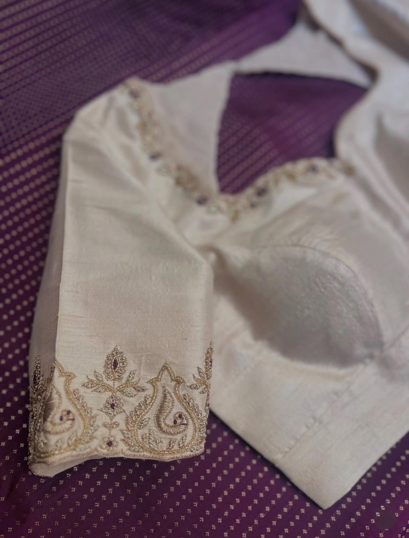 Hand Embroidered Raw Silk Blouse: Cream Zardosi Maggam Work,mix and match blouse,plus size blouse,hand work blouse,maggam work blouse,cream