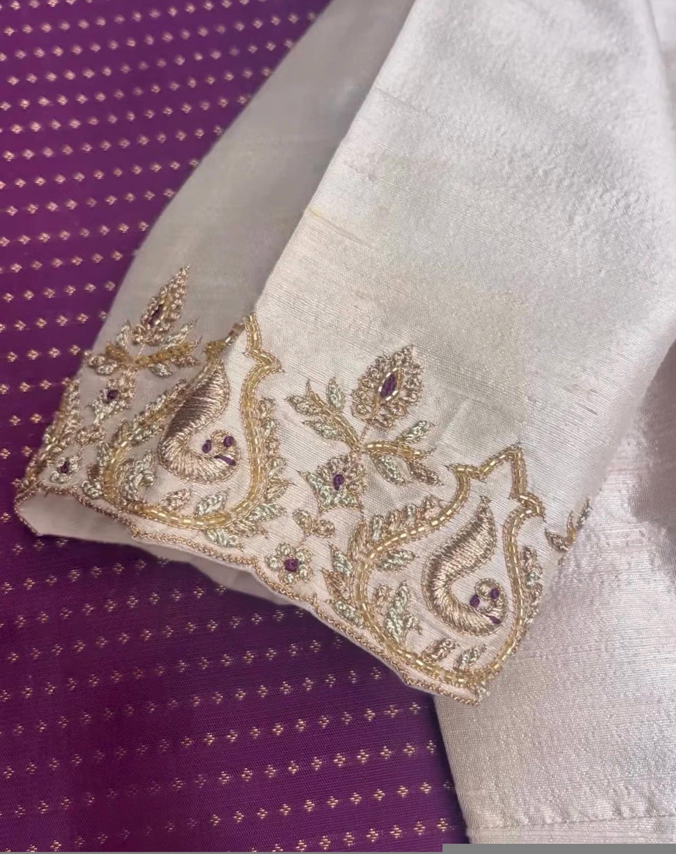 Hand Embroidered Raw Silk Blouse: Cream Zardosi Maggam Work,mix and match blouse,plus size blouse,hand work blouse,maggam work blouse,cream