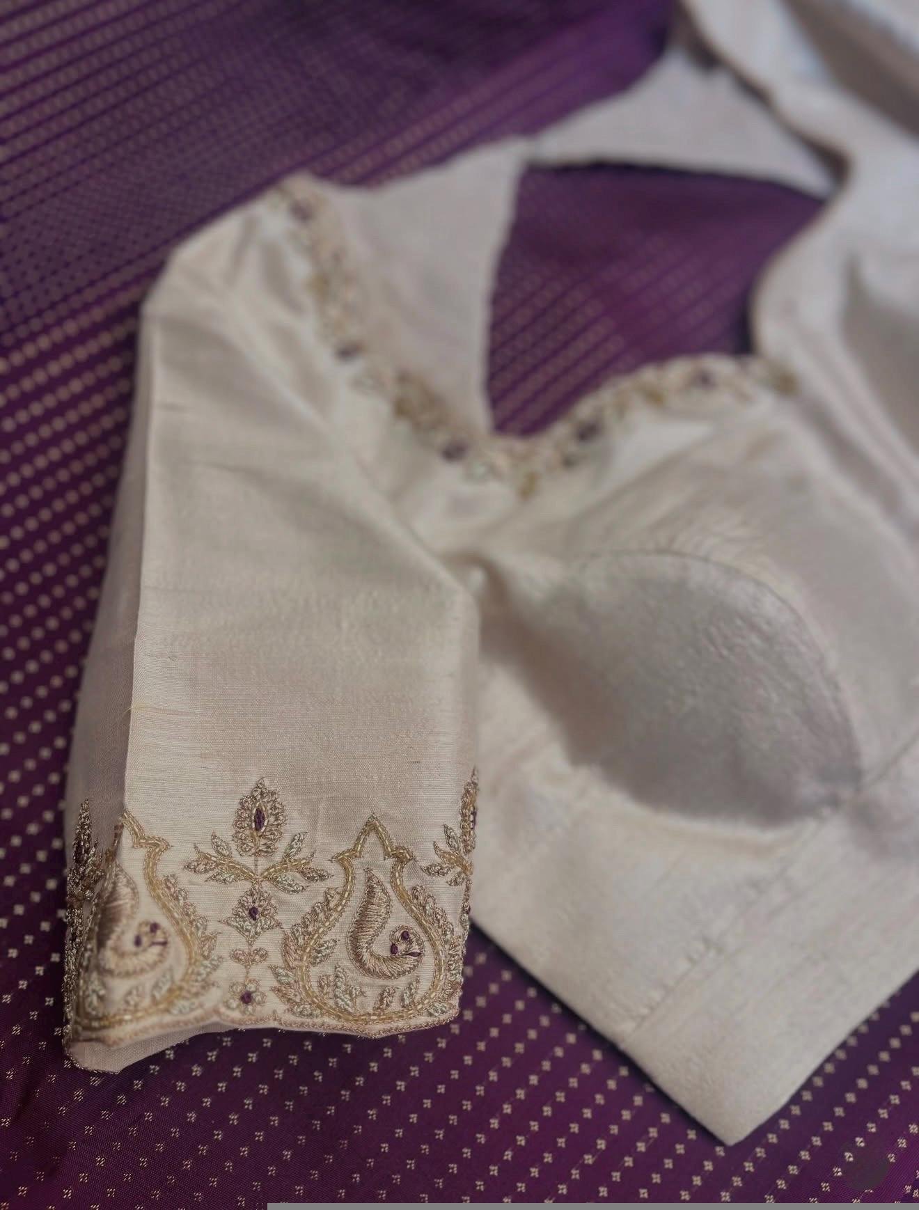 Hand Embroidered Raw Silk Blouse: Cream Zardosi Maggam Work,mix and match blouse,plus size blouse,hand work blouse,maggam work blouse,cream