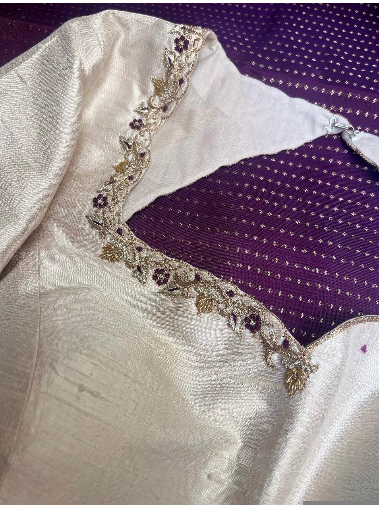 Hand Embroidered Raw Silk Blouse: Cream Zardosi Maggam Work,mix and match blouse,plus size blouse,hand work blouse,maggam work blouse,cream