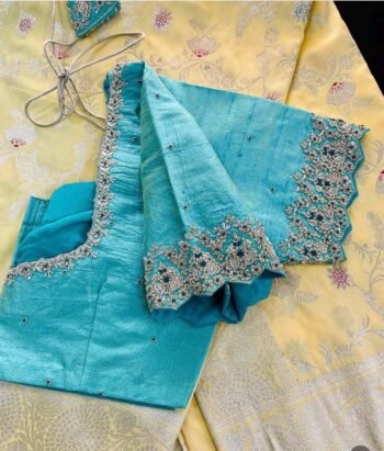 Hand Embroidered Silk Blouse: Turquoise Blue Maggam Work, Elbow Sleeve,blue maggam blouse,mix and match blouse,plus size blouses,handwork