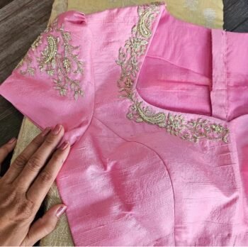 pure silk hand embroidery blouse/pink saree maggam blouse/pink short sleeve blouse/hand embroidered blouse/light pink ready made blouse