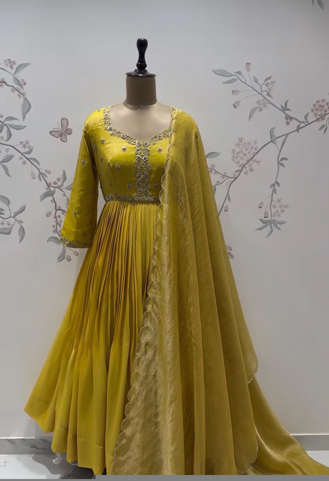 Yellow Anarkali suit usa/haldi anarkali kurta/tissue anarkali/hand embroidered dress anarkali/Indian dresses/yellow simple anarkali kurta