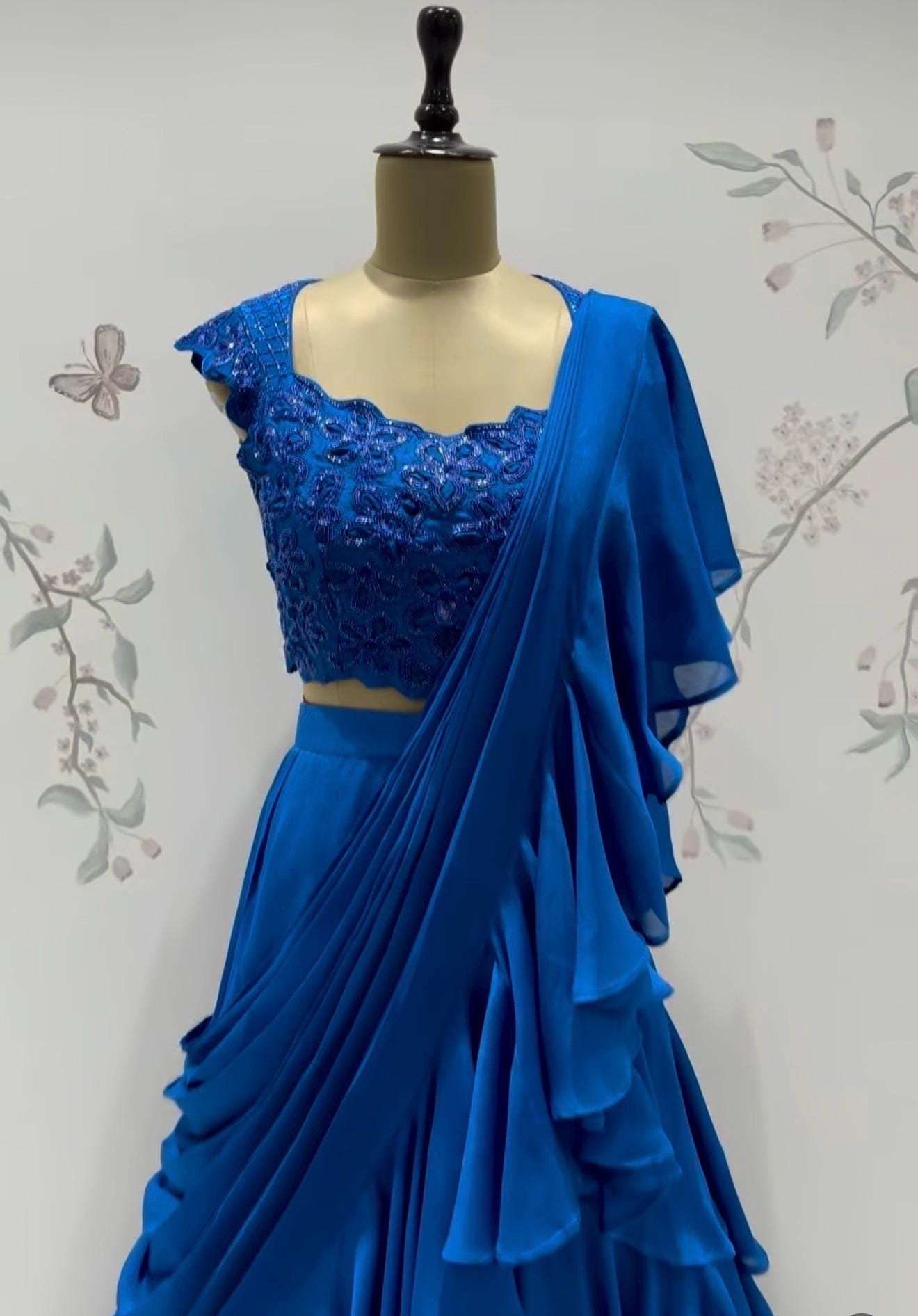 Ruffle saree with blouse/blue ruffle saree with stitched blouse/readymade saree with blouse/silk ruffle saree/ready wearsaree /lehenga saree