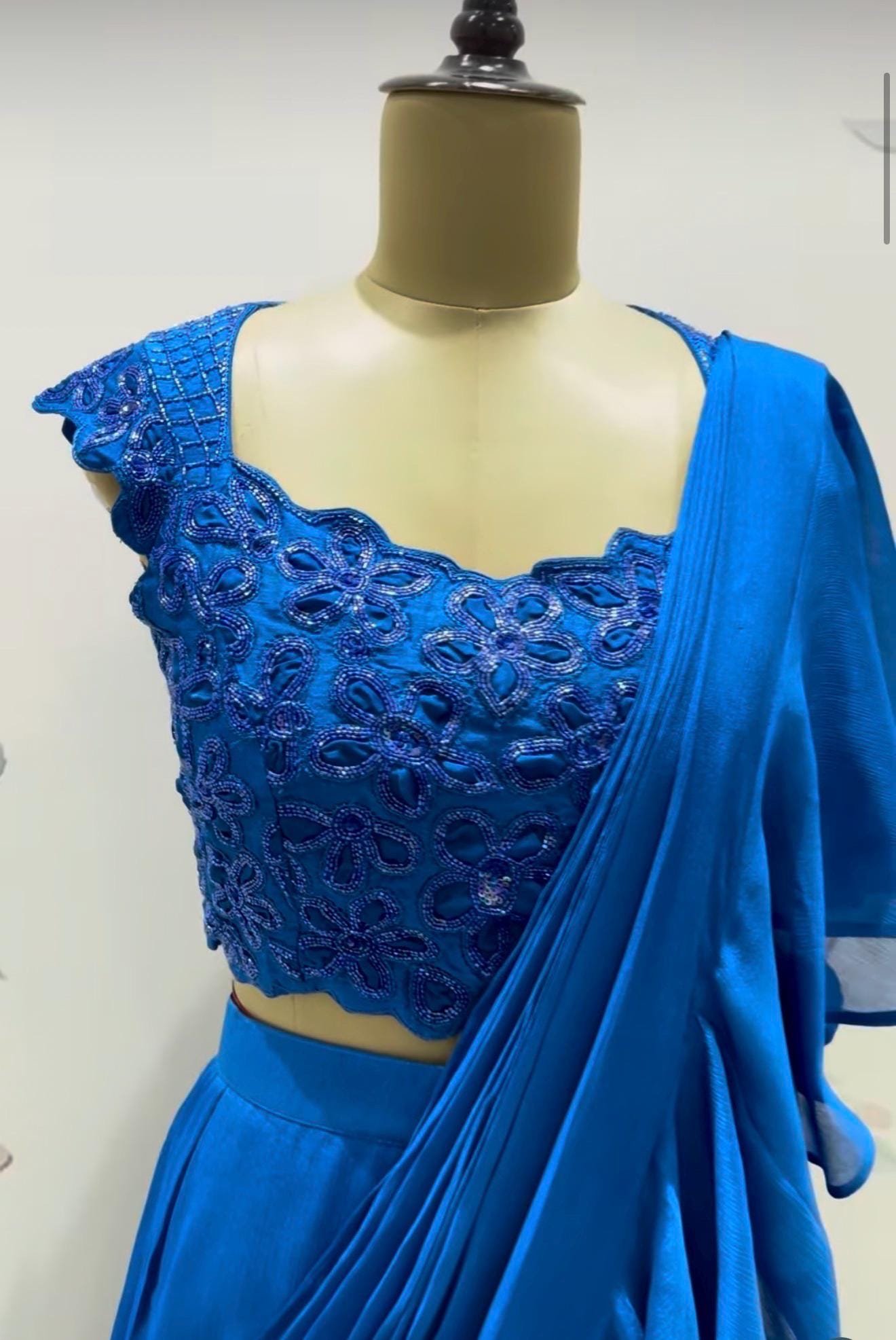 Ruffle saree with blouse/blue ruffle saree with stitched blouse/readymade saree with blouse/silk ruffle saree/ready wearsaree /lehenga saree