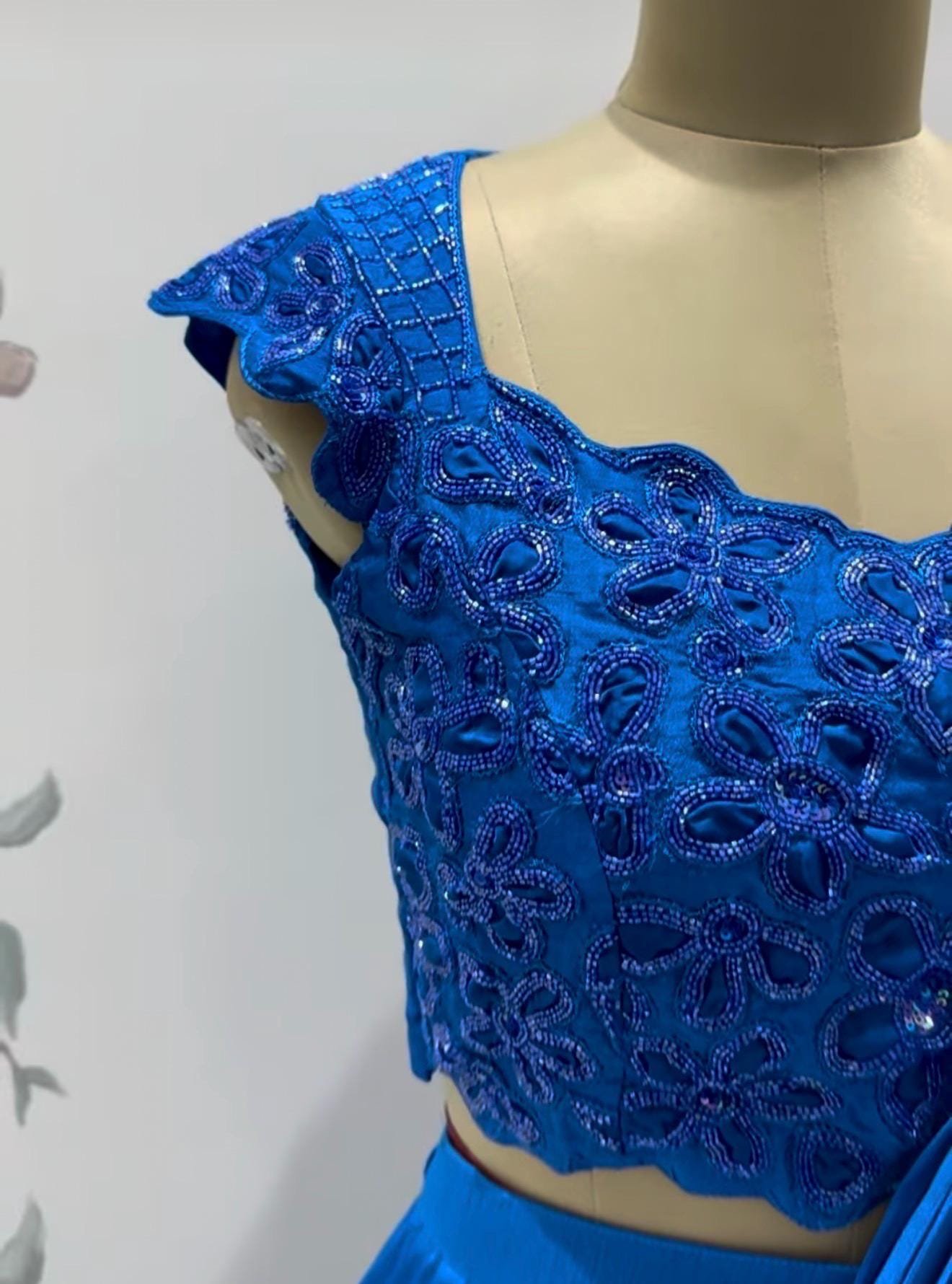 Ruffle saree with blouse/blue ruffle saree with stitched blouse/readymade saree with blouse/silk ruffle saree/ready wearsaree /lehenga saree