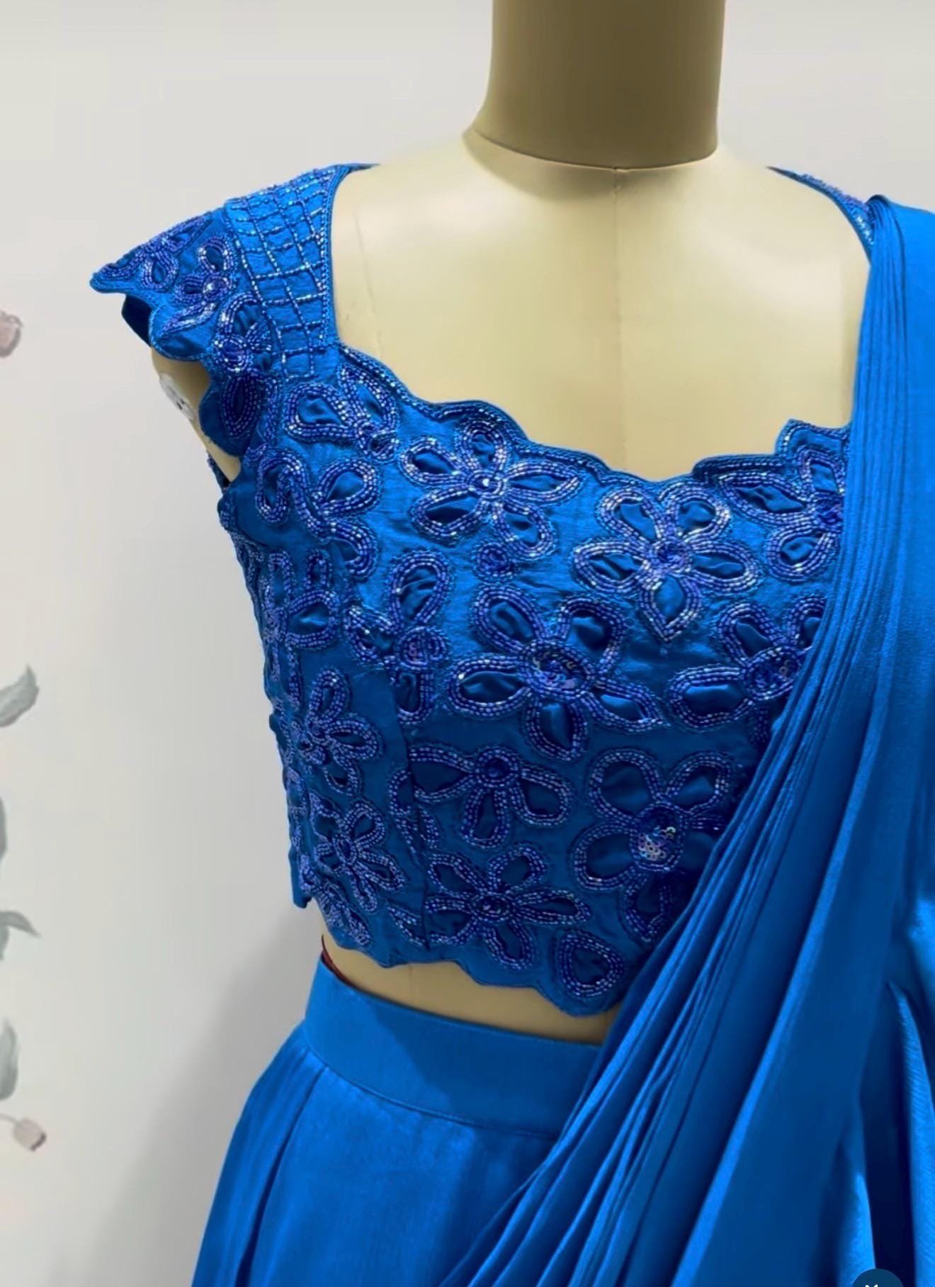 Ruffle saree with blouse/blue ruffle saree with stitched blouse/readymade saree with blouse/silk ruffle saree/ready wearsaree /lehenga saree