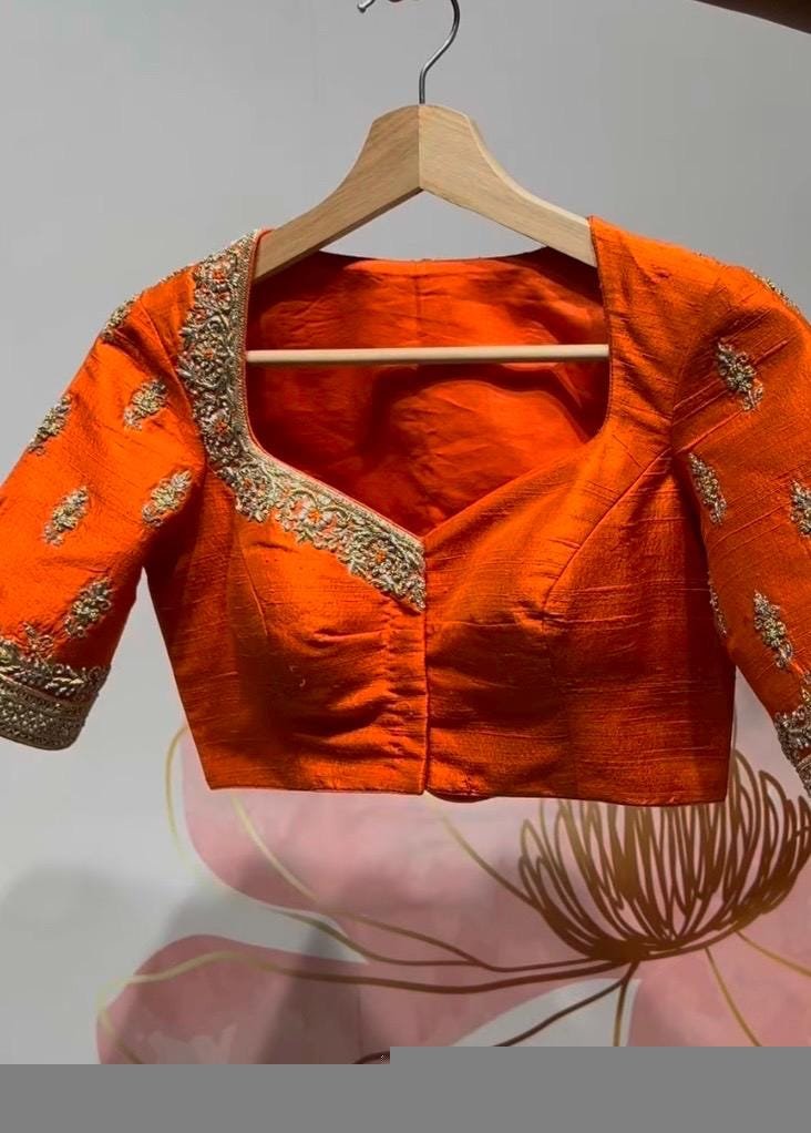 pure silk hand embroidery blouse/saree maggam blouse/orange zardosi blouse usa/hand embroidered modern blouse/ready made blouse zardosi usa