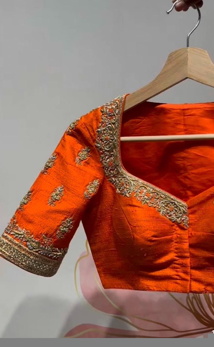 pure silk hand embroidery blouse/saree maggam blouse/orange zardosi blouse usa/hand embroidered modern blouse/ready made blouse zardosi usa