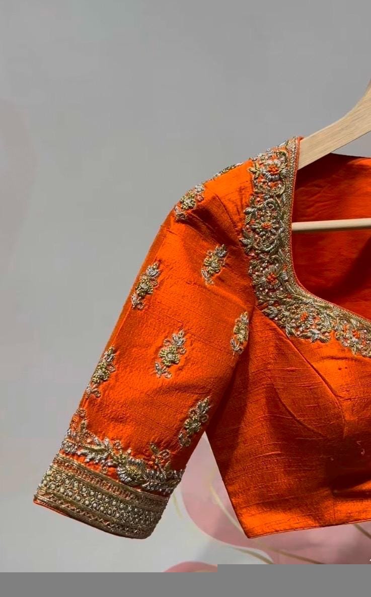 pure silk hand embroidery blouse/saree maggam blouse/orange zardosi blouse usa/hand embroidered modern blouse/ready made blouse zardosi usa