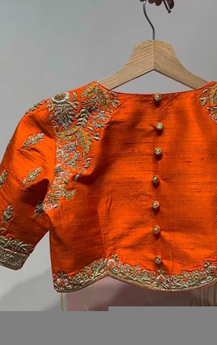 pure silk hand embroidery blouse/saree maggam blouse/orange zardosi blouse usa/hand embroidered modern blouse/ready made blouse zardosi usa