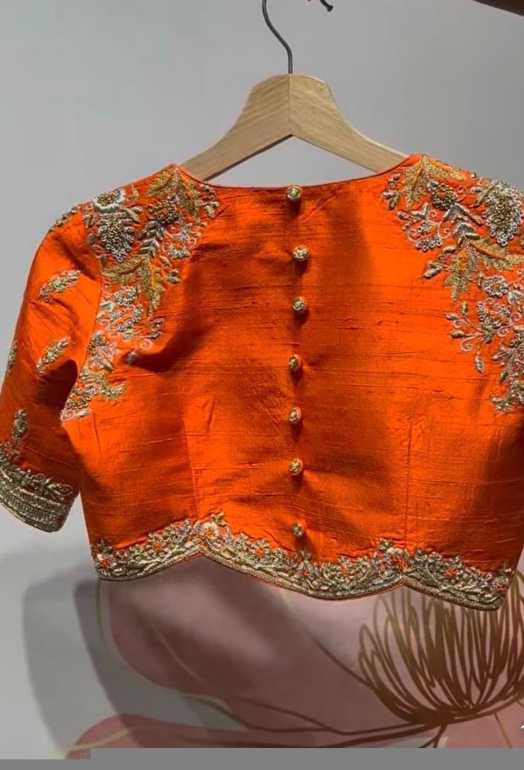 pure silk hand embroidery blouse/saree maggam blouse/orange zardosi blouse usa/hand embroidered modern blouse/ready made blouse zardosi usa