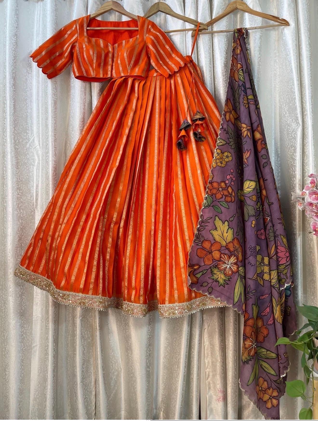 Women’s pure kalamkari lehenga set/orange crop top lehenga/Hand painted lehenga USA/wedding lehenga USA/kalamkarilehenga choli/voggish usa