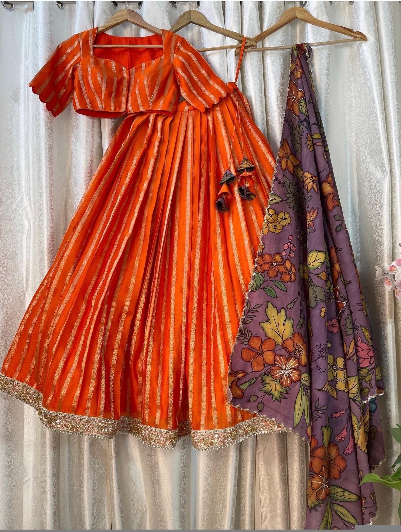 Women’s pure kalamkari lehenga set/orange crop top lehenga/Hand painted lehenga USA/wedding lehenga USA/kalamkarilehenga choli/voggish usa