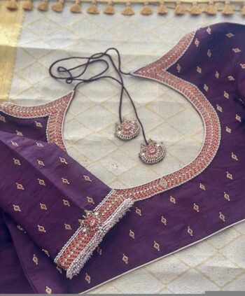 pure silk hand embroidery blouse/U neck maggam blouse/plum zardosi blouse/plum hand embroidered blouse/plum hand work ready made blouse