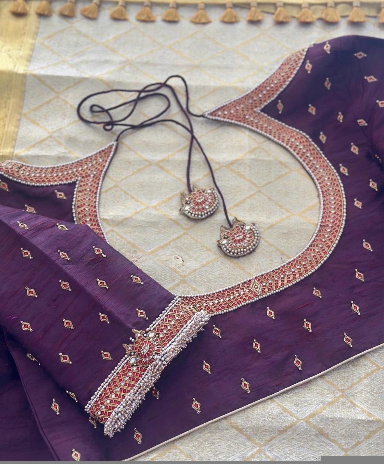 pure silk hand embroidery blouse/U neck maggam blouse/plum zardosi blouse/plum hand embroidered blouse/plum hand work ready made blouse USA