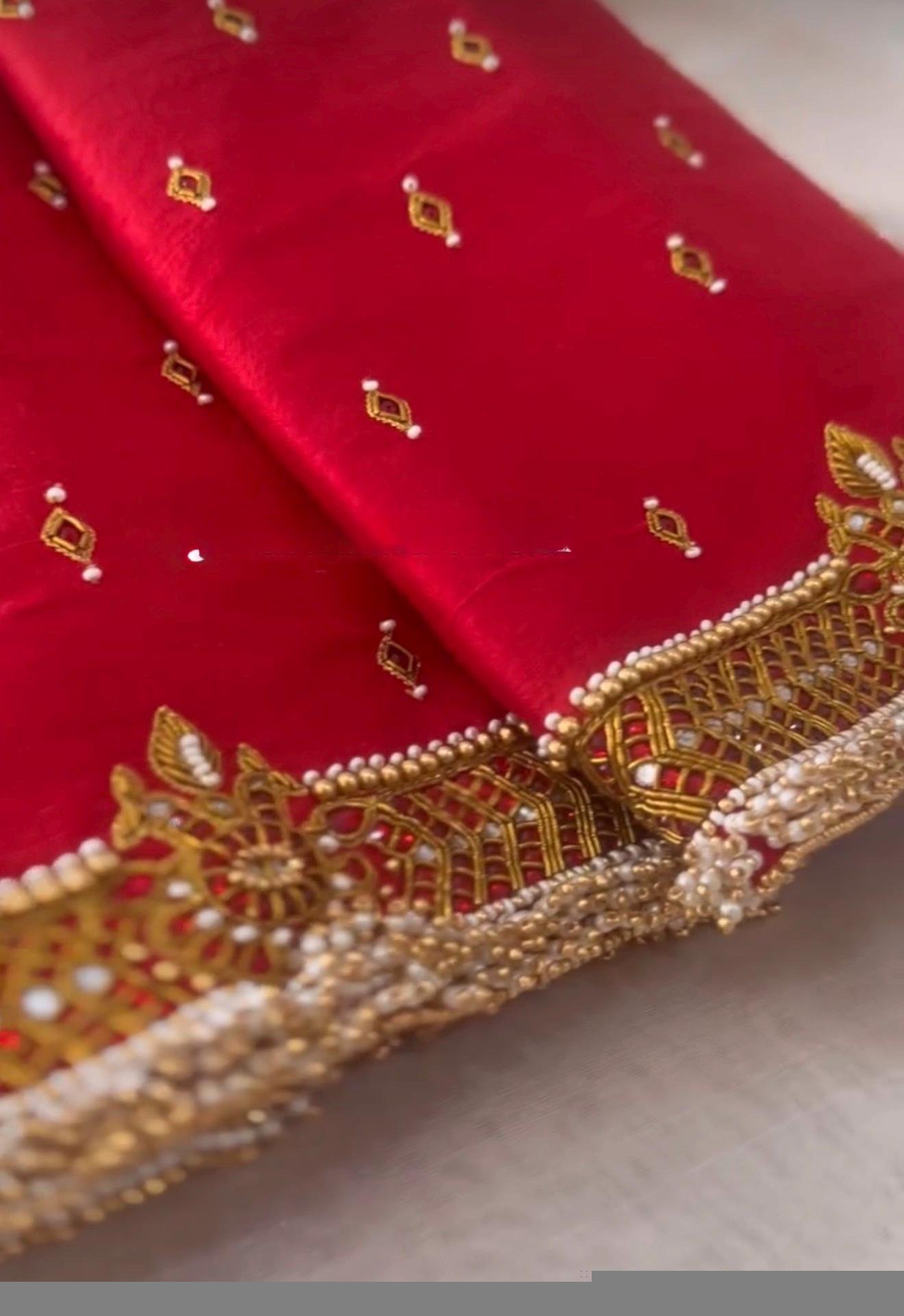 pure silk hand embroidery blouse/U neck maggam blouse/red kundan blouse/red kund hand embroidered blouse/red hand work ready made blouse USA