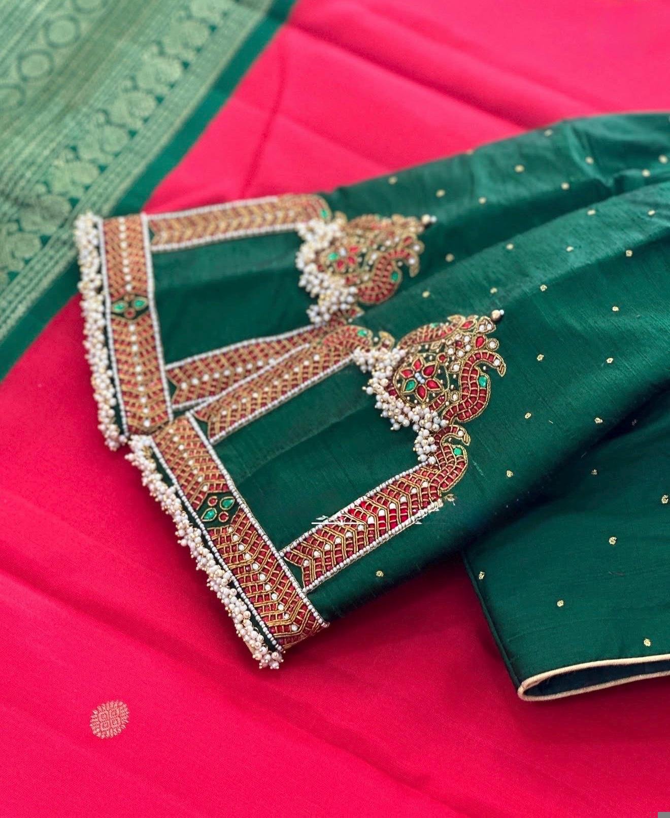pure silk hand embroidery blouse/neck maggam blouse/green zardosi blouse/green hand embroidered blouse/green hand work ready made blouse USA
