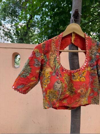Hand-Painted Kalamkari Silk Blouse: Embroidered Maggam Work, hand work kalamkari blouse,beige blouse,handpainted blosue,mix and match blouse