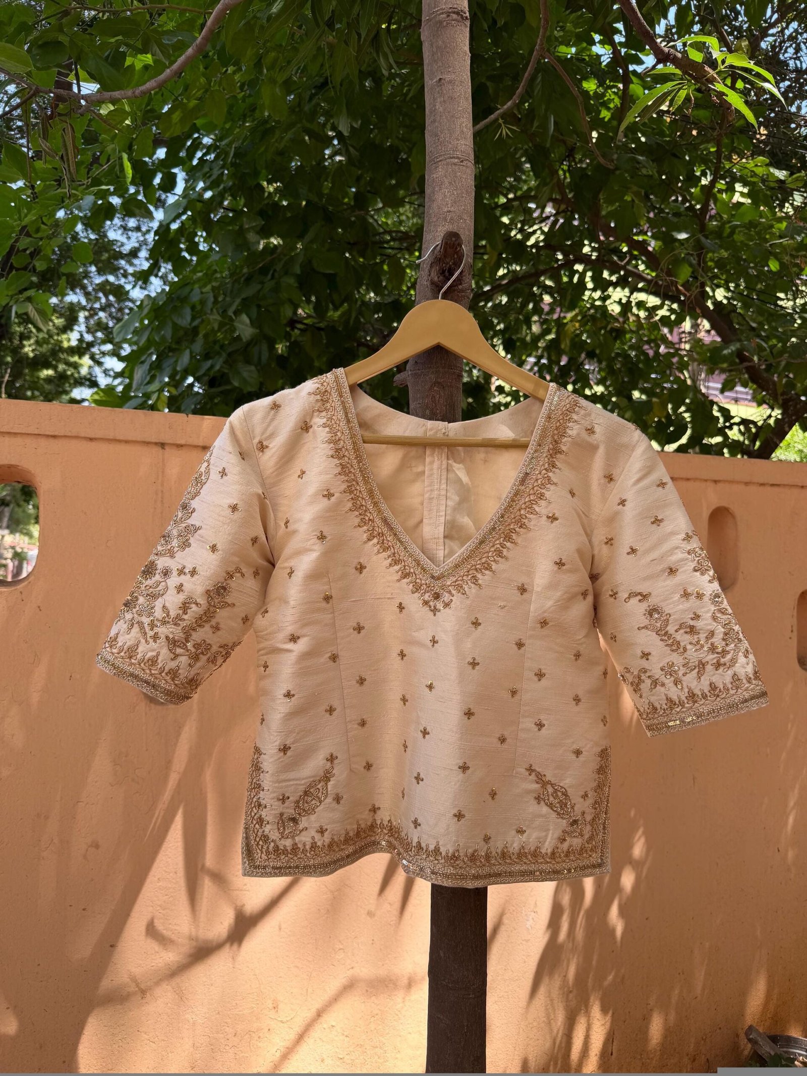 Cream hand embroidery long blouse/saree maggam blouse/pure silk zardosi blouse/blue hand embroidered blouse/heavy maggam full sleeve blouse