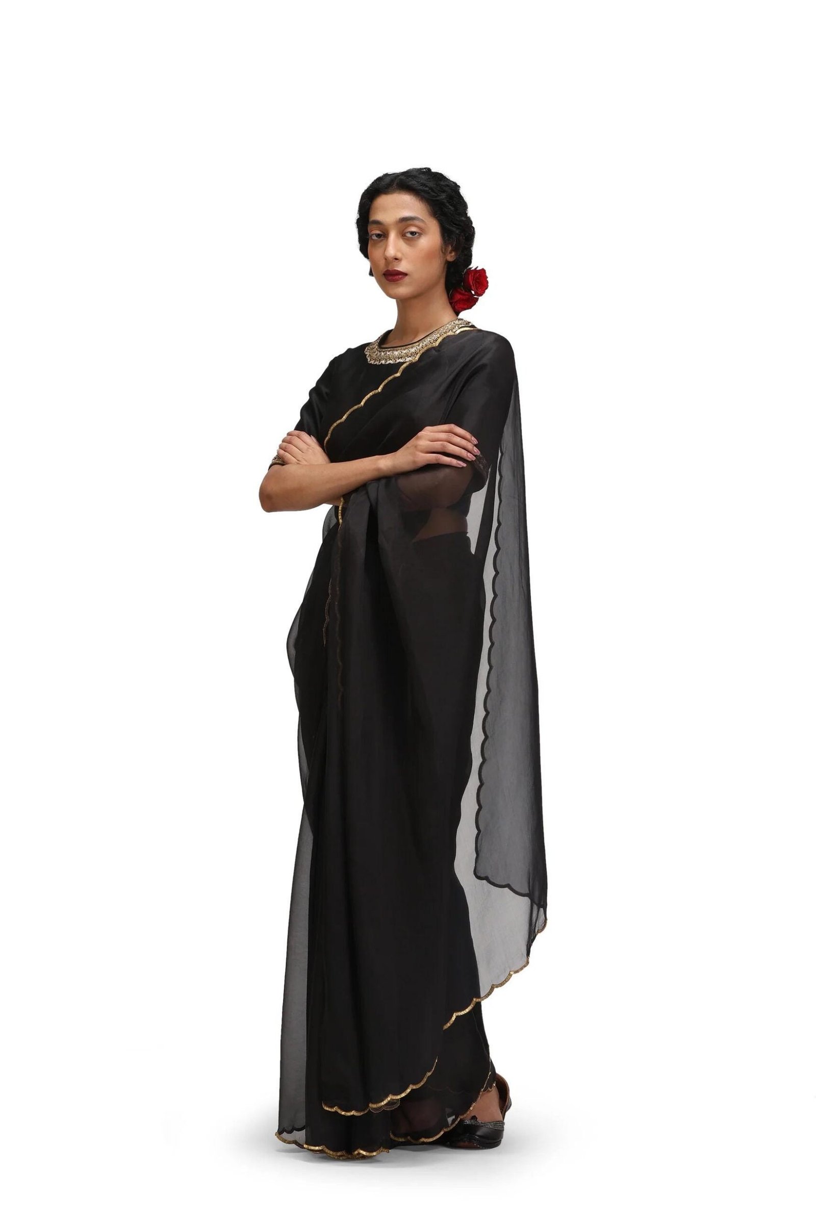 Pure silk cocktailsaree/black sari with hand embroidery/organza silk saree with designer blouse /black saree,party saree,full sleeve blouse