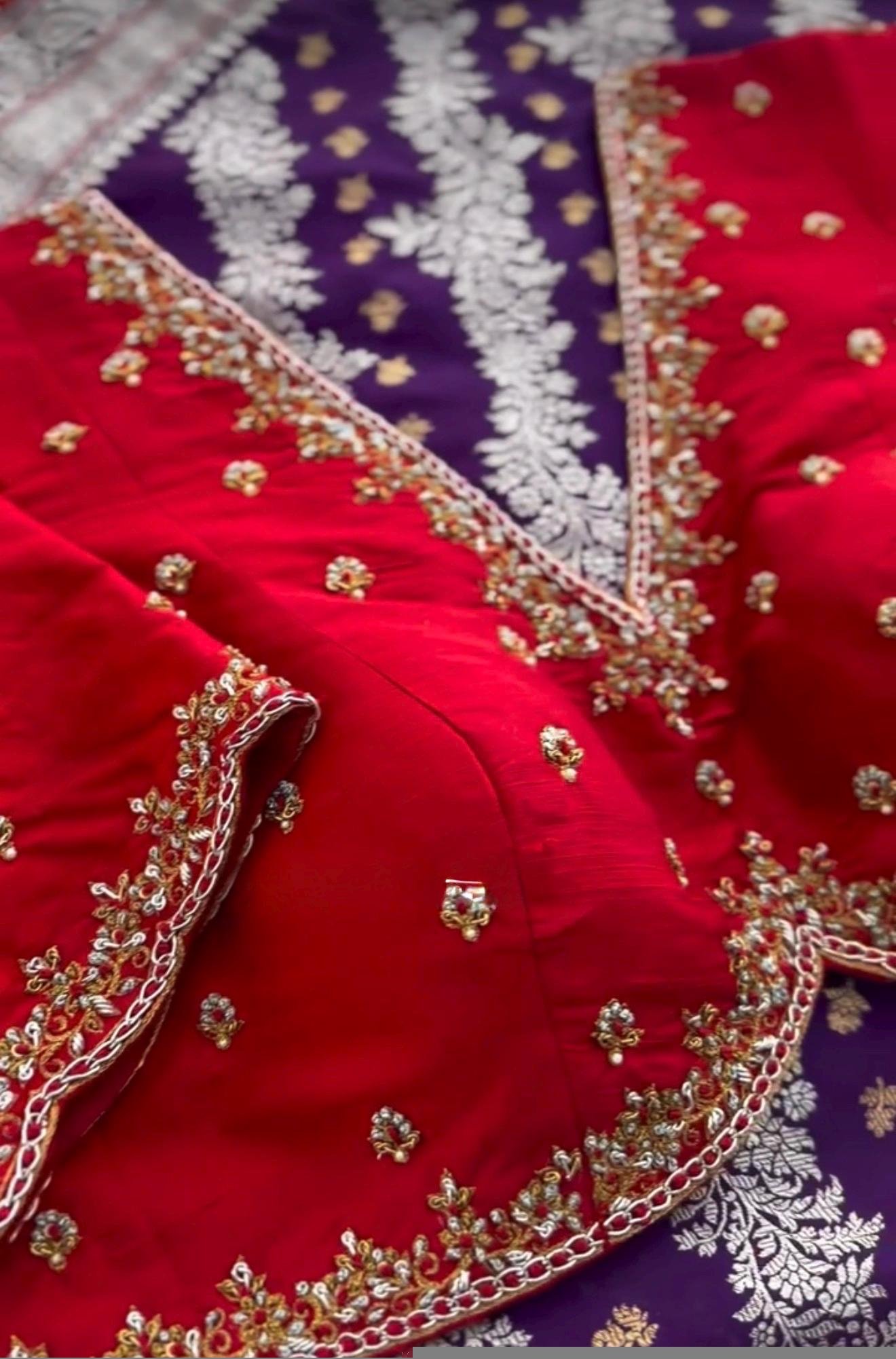 pure silk hand embroidery blouse/V neck maggam blouse/red kundan blouse/red hand embroidered blouse/red maggahand work ready made blouse USA
