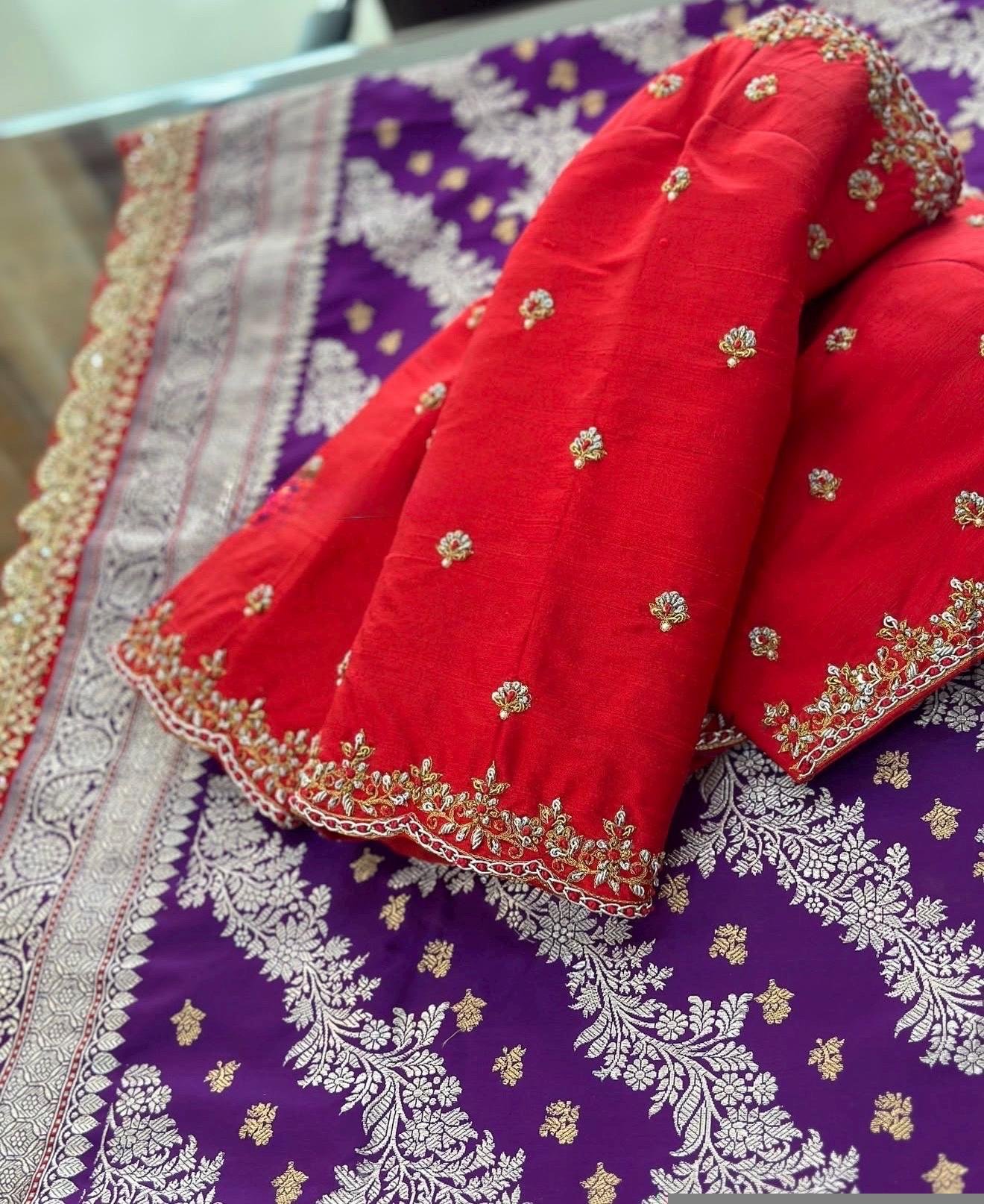 pure silk hand embroidery blouse/V neck maggam blouse/red kundan blouse/red hand embroidered blouse/red maggahand work ready made blouse USA