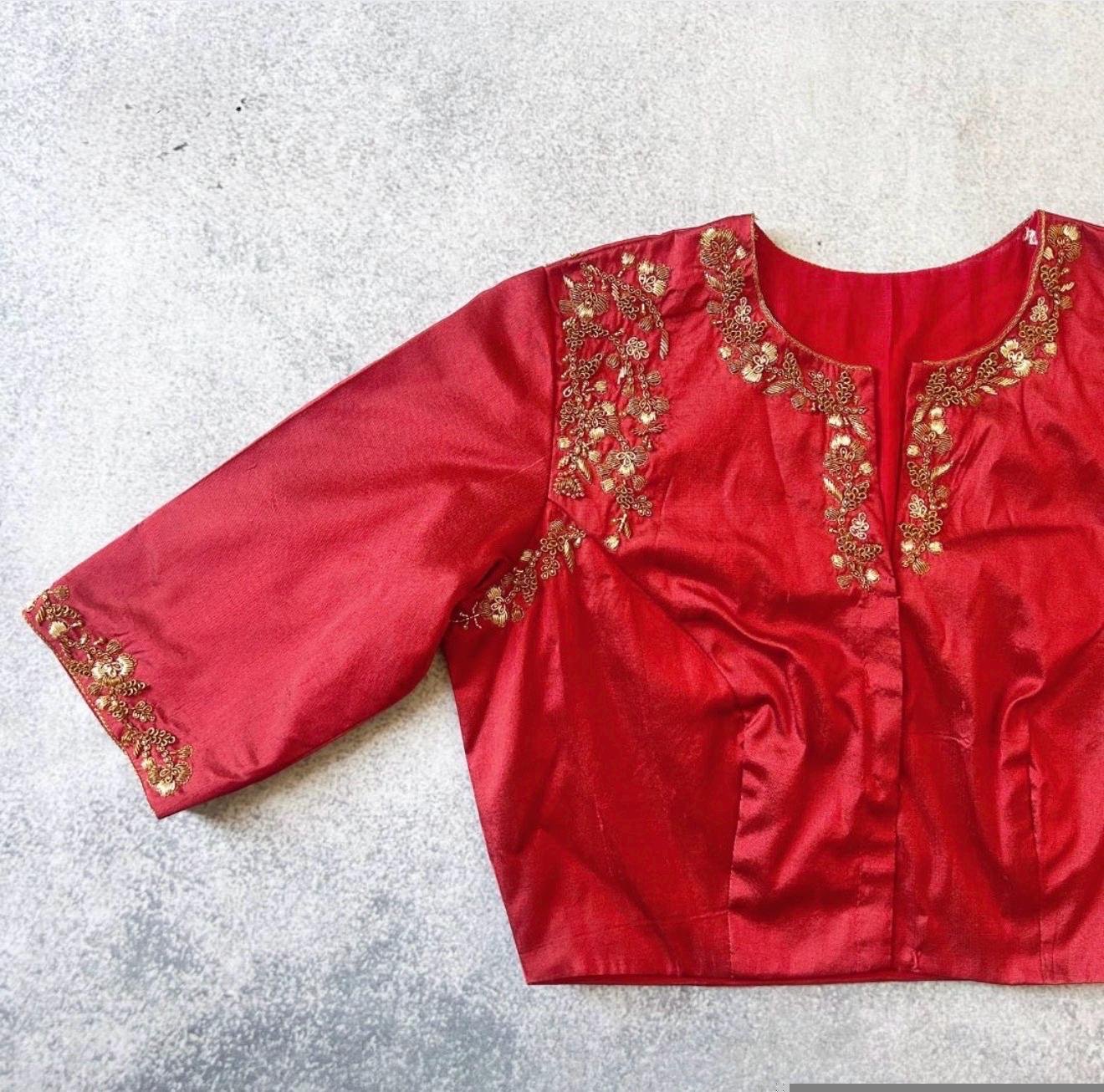 pure silk hand embroidery blouse / saree maggam blouse / red raw silk zardosi blouse / hand embroidered blouse / ready made blouse zardosi/