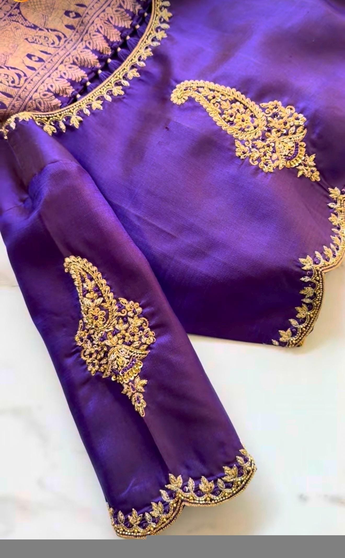 Purple Silk Hand Embroidered Saree Blouse: Zardosi Maggam Work, plus size blouses,handwork blouse,purple maggam blouse,Mix and match blouse