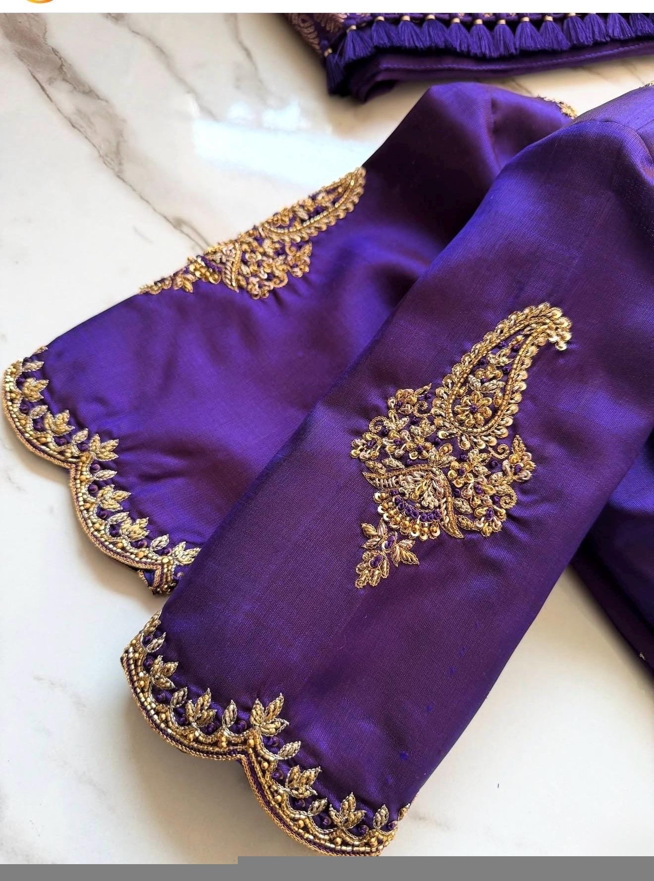 Purple Silk Hand Embroidered Saree Blouse: Zardosi Maggam Work, plus size blouses,handwork blouse,purple maggam blouse,Mix and match blouse
