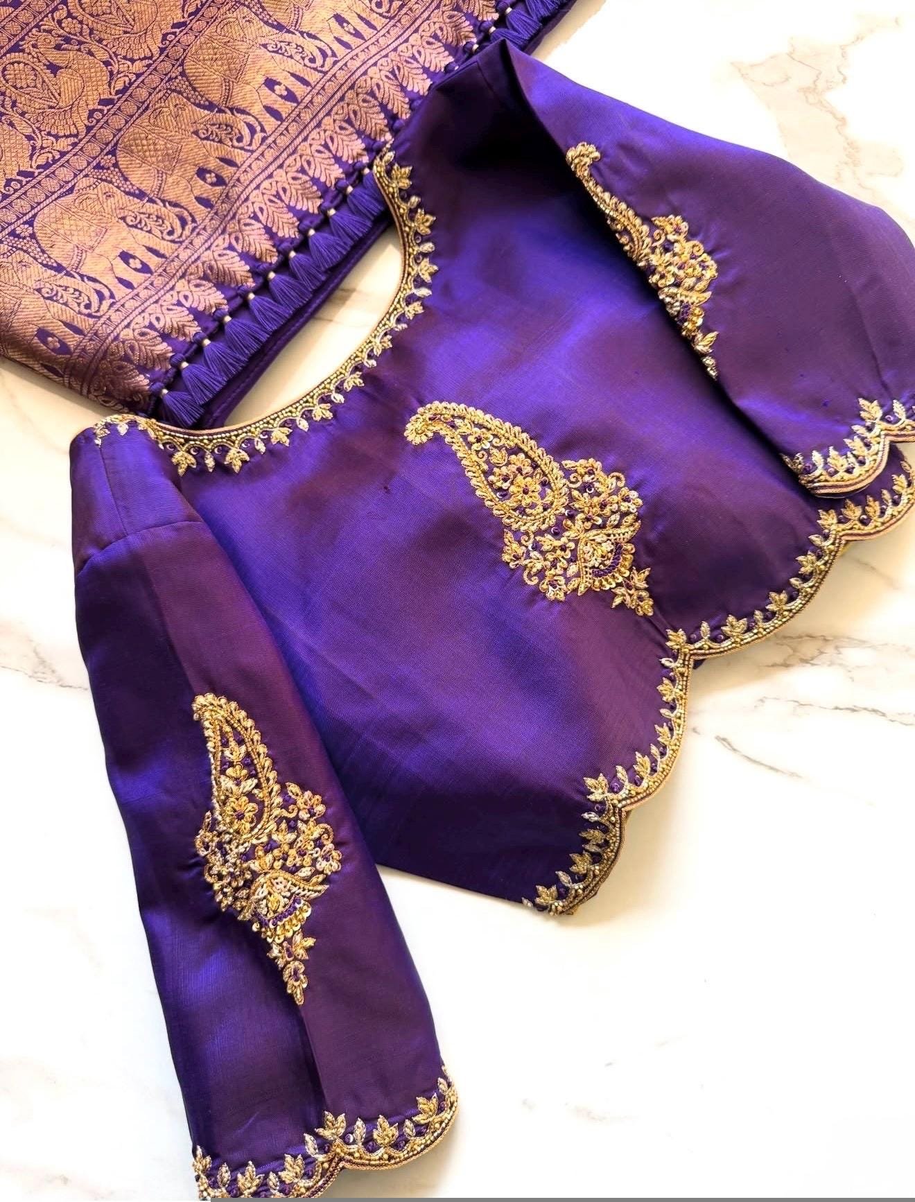 Purple Silk Hand Embroidered Saree Blouse: Zardosi Maggam Work, plus size blouses,handwork blouse,purple maggam blouse,Mix and match blouse