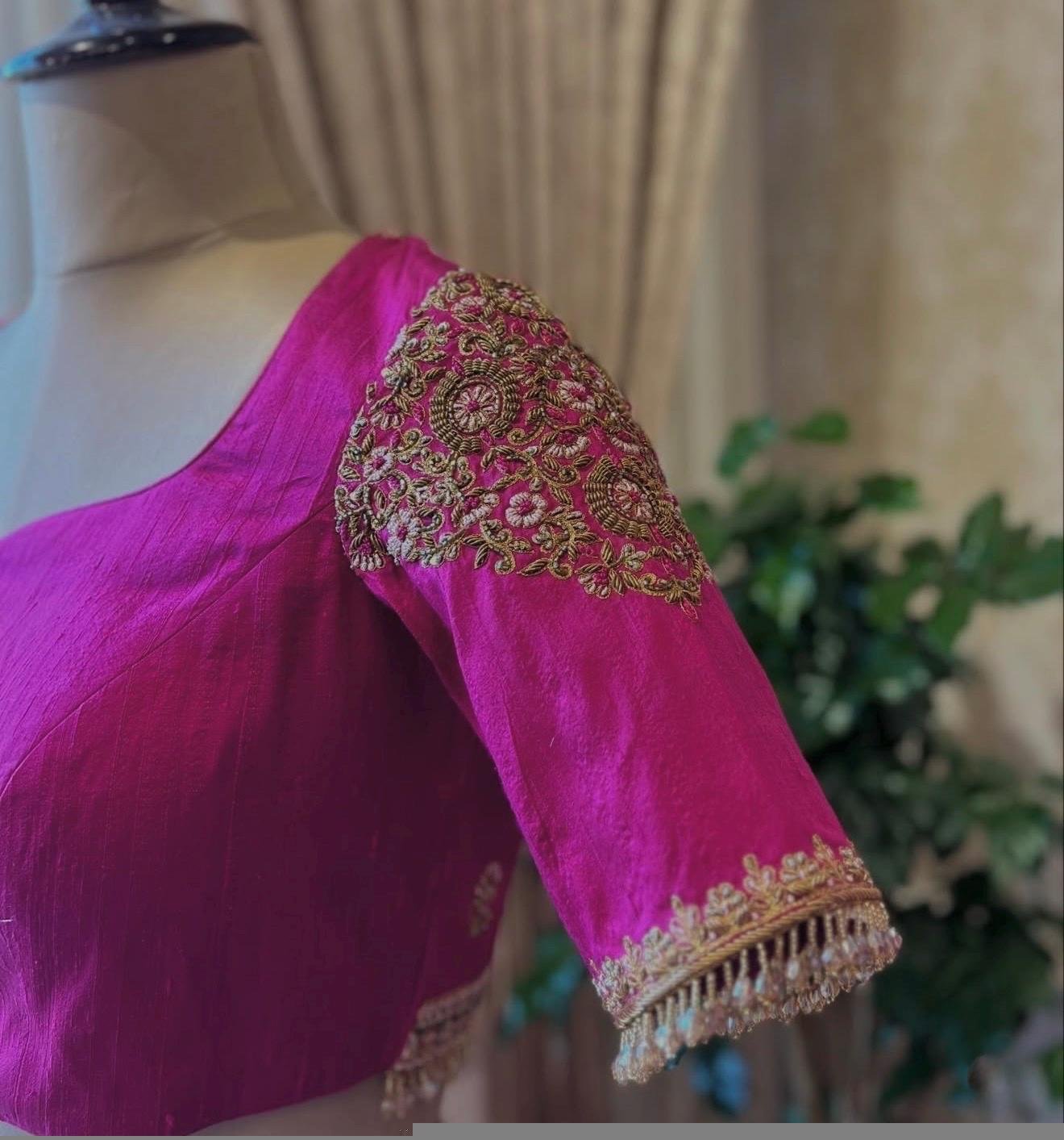 pure silk hand embroidery blouse/saree maggam blouse/hot pink zardosi blouse/hand embroidered blouse /magenta pink ready made blouse zardosi
