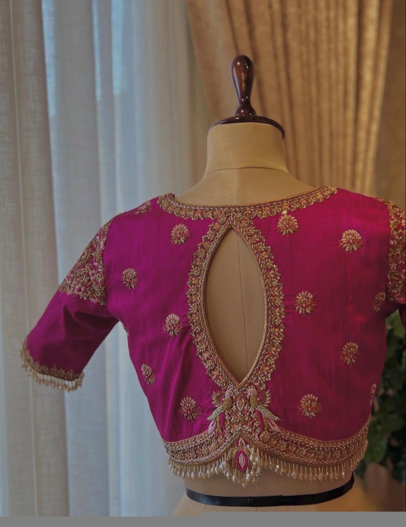 pure silk hand embroidery blouse/saree maggam blouse/hot pink zardosi blouse/hand embroidered blouse /magenta pink ready made blouse zardosi