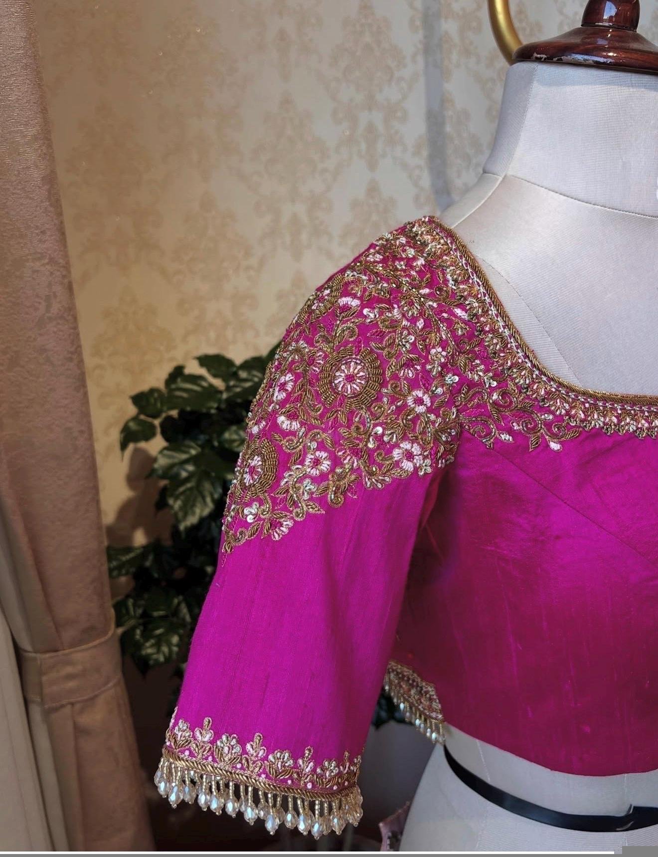 pure silk hand embroidery blouse/saree maggam blouse/hot pink zardosi blouse/hand embroidered blouse /magenta pink ready made blouse zardosi