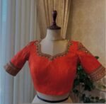 Hand Embroidered Zardosi Silk Blouse: Orange Maggam Work, Elbow Sleeve,Orange maggam blouse,hand work blouse,mix and match blouse,plus size