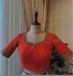 Hand Embroidered Zardosi Silk Blouse: Orange Maggam Work, Elbow Sleeve,Orange maggam blouse,hand work blouse,mix and match blouse,plus size