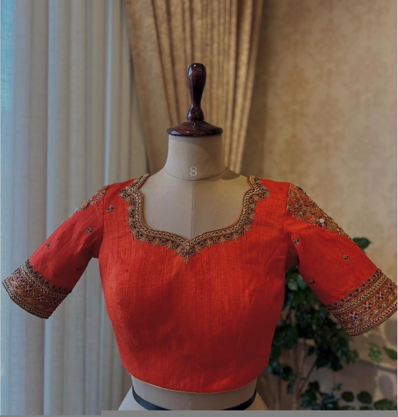 Hand Embroidered Zardosi Silk Blouse: Orange Maggam Work, Elbow Sleeve,Orange maggam blouse,hand work blouse,mix and match blouse,plus size