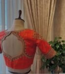 Hand Embroidered Zardosi Silk Blouse: Orange Maggam Work, Elbow Sleeve,Orange maggam blouse,hand work blouse,mix and match blouse,plus size