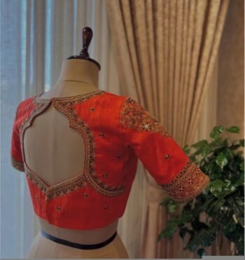 Hand Embroidered Zardosi Silk Blouse: Orange Maggam Work, Elbow Sleeve,Orange maggam blouse,hand work blouse,mix and match blouse,plus size
