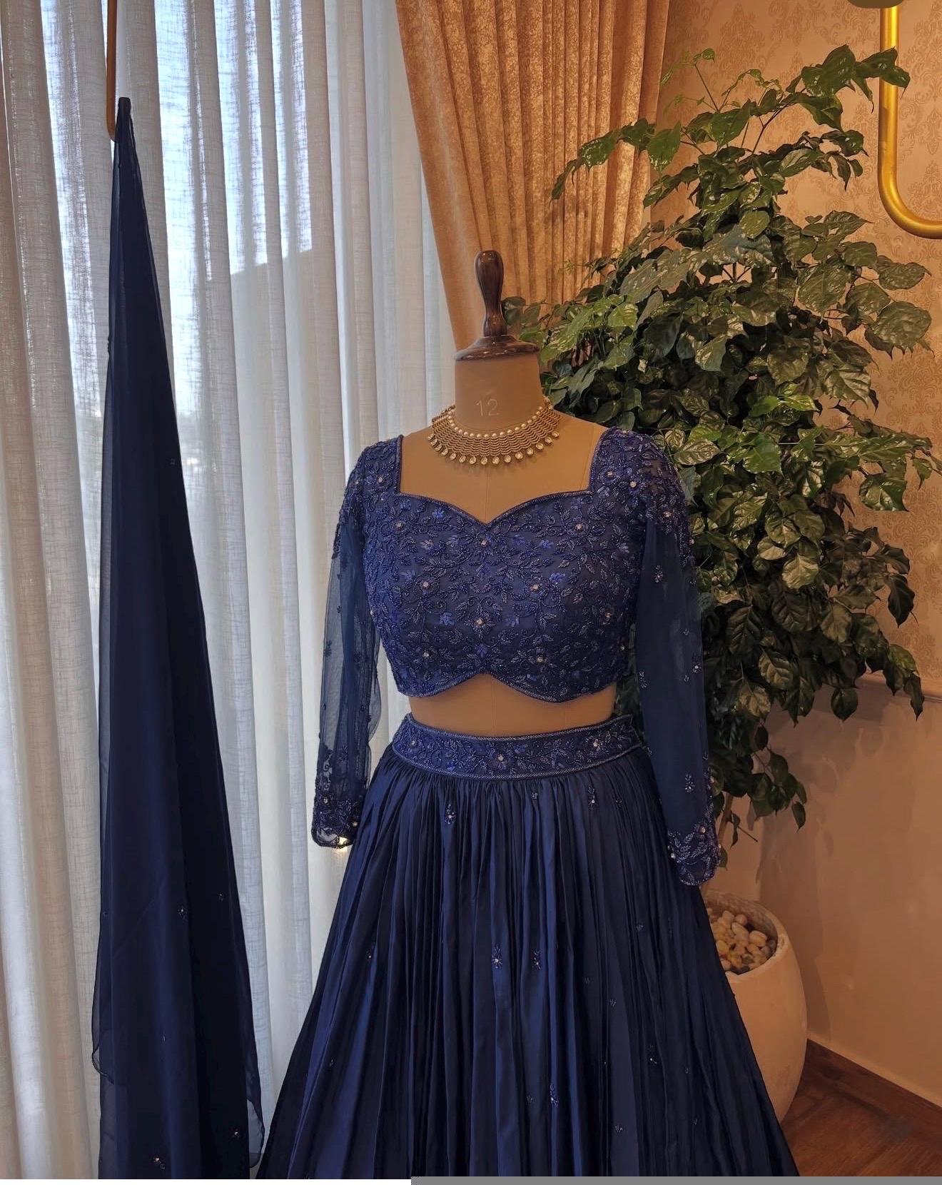 Women’s lehenga set/blue croptop lehenga/Indian crop top skirt USA/hand embroidered wedding lehenga USA/blue silk skirt/royalblue lehenga us