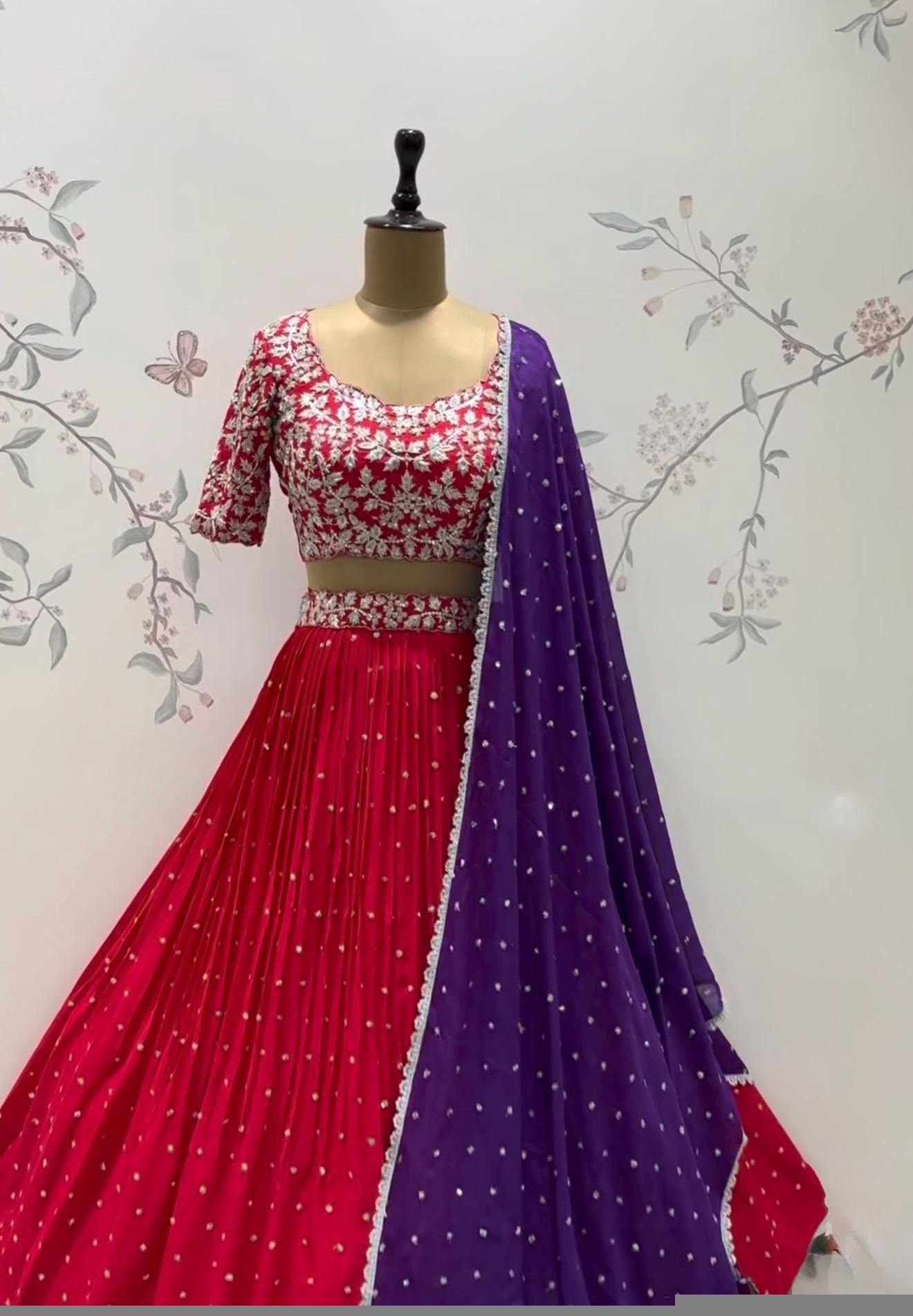 Hand Embroidered Black Lehenga Set/Silk Crop Top,red lehenga choli with Dupatta,black half saree lehenga,redcocktail lehenga,pink skirt dup