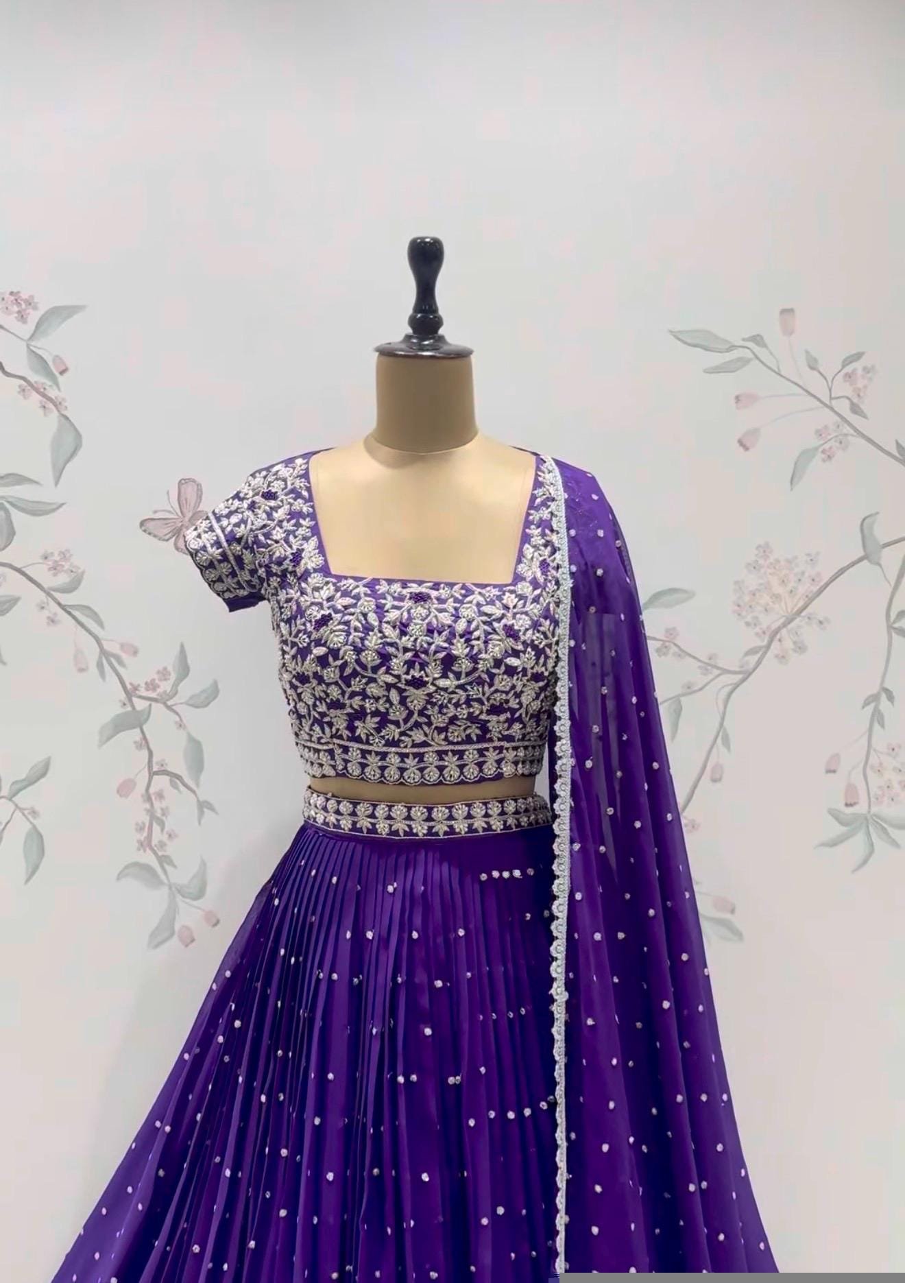 Hand Embroidered cocktail Lehenga Set/Silk Crop Top,lehenga choli with Dupatta,purple half saree lehenga,cocktail lehenga,purple skirt dup