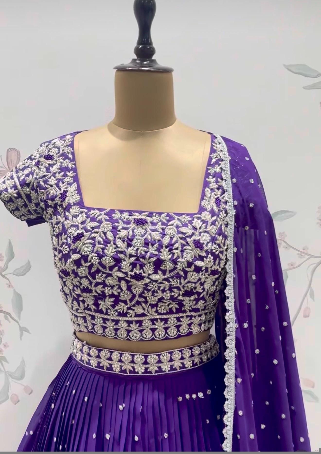 Hand Embroidered cocktail Lehenga Set/Silk Crop Top,lehenga choli with Dupatta,purple half saree lehenga,cocktail lehenga,purple skirt dup