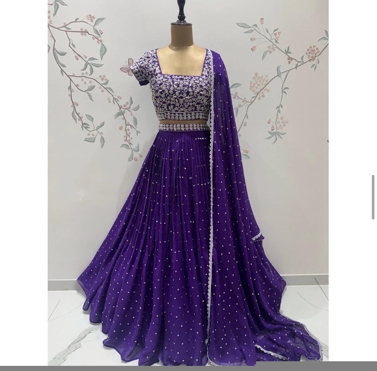 Hand Embroidered cocktail Lehenga Set/Silk Crop Top,lehenga choli with Dupatta,purple half saree lehenga,cocktail lehenga,purple skirt dup