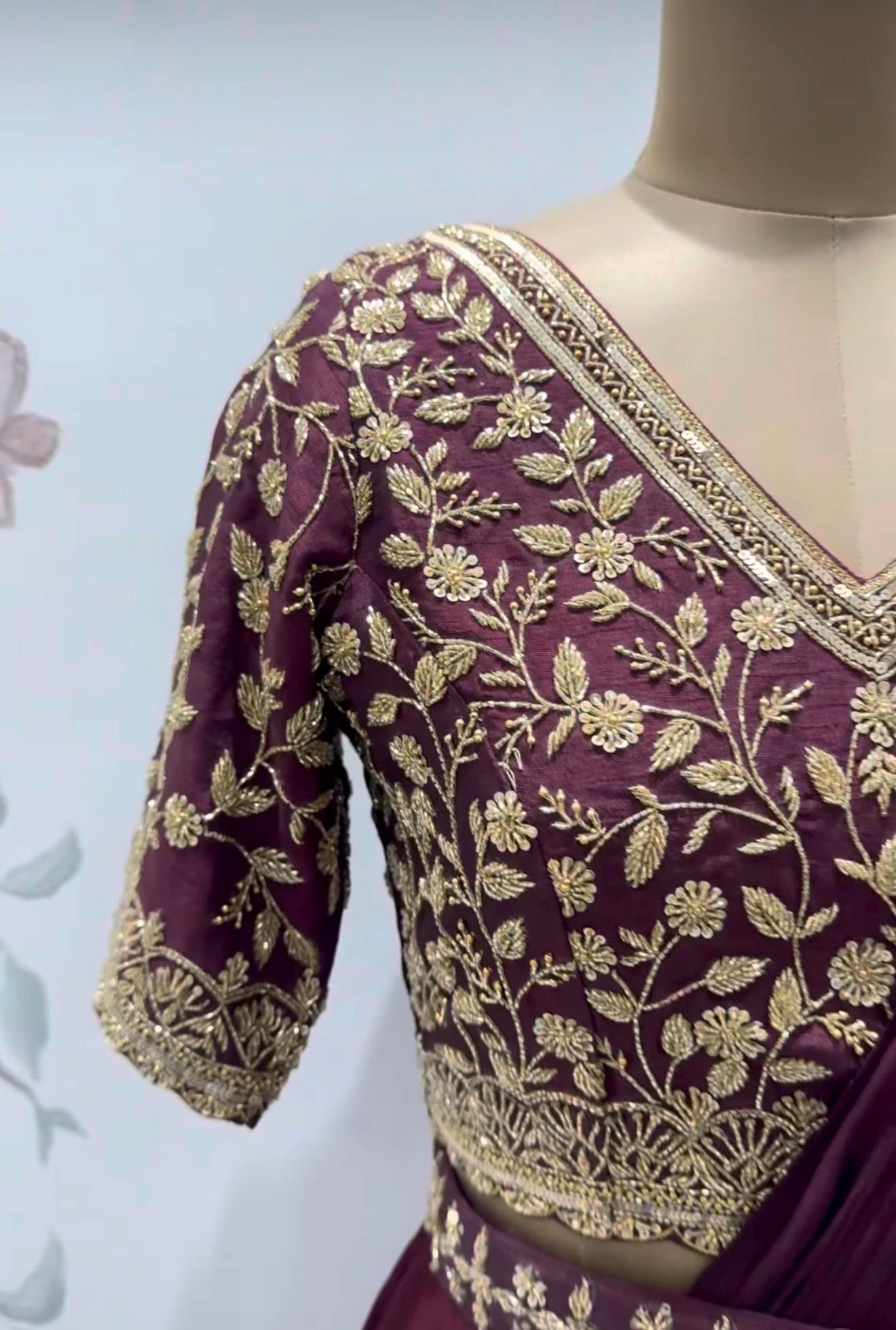Brown Ruffle Saree: Silk Lehenga Sari with Embroidered Blouse,ready to wear sarees,cocktail saree,lehenga saree,ruffle saree belt,modern sar