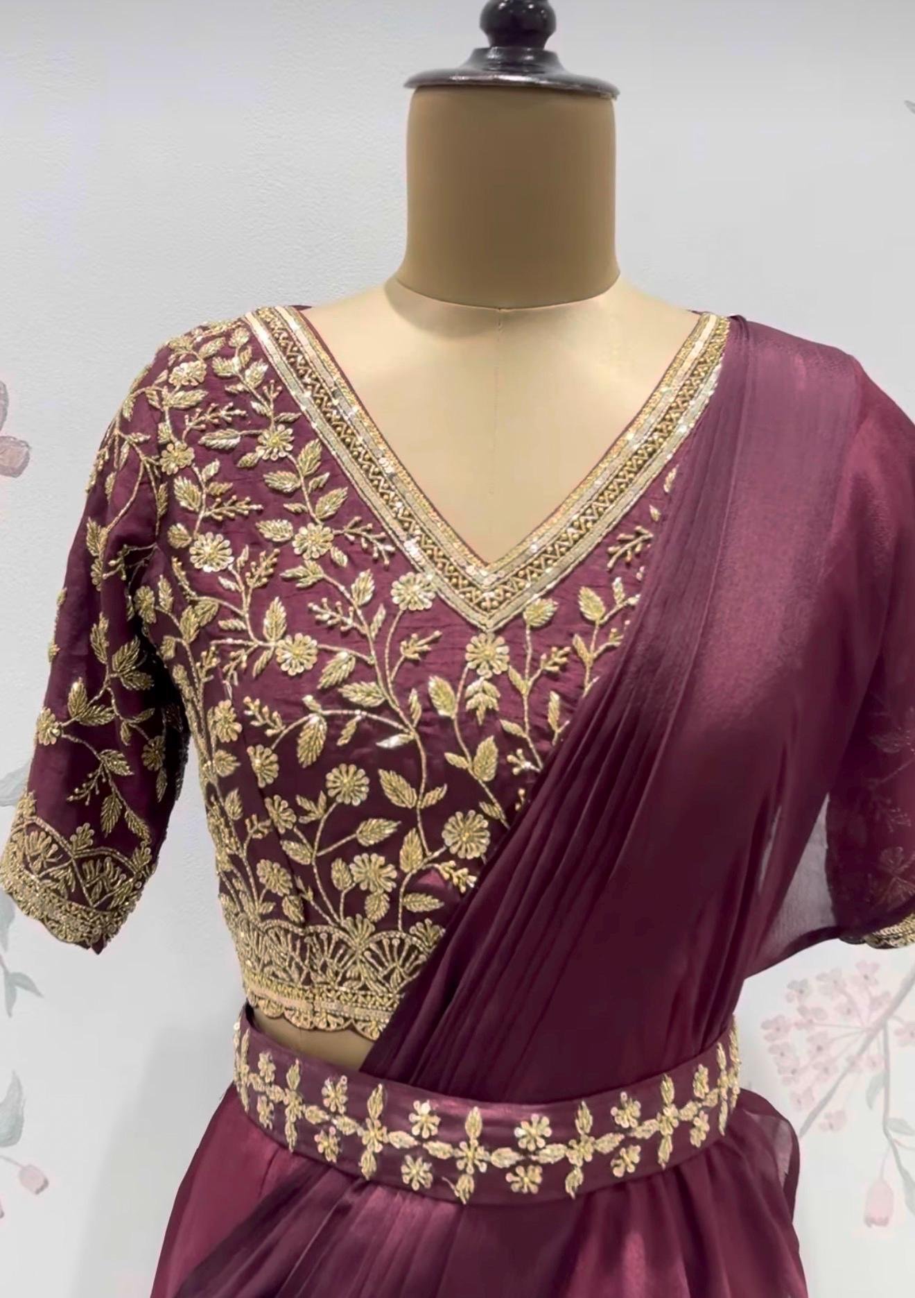 Brown Ruffle Saree: Silk Lehenga Sari with Embroidered Blouse,ready to wear sarees,cocktail saree,lehenga saree,ruffle saree belt,modern sar
