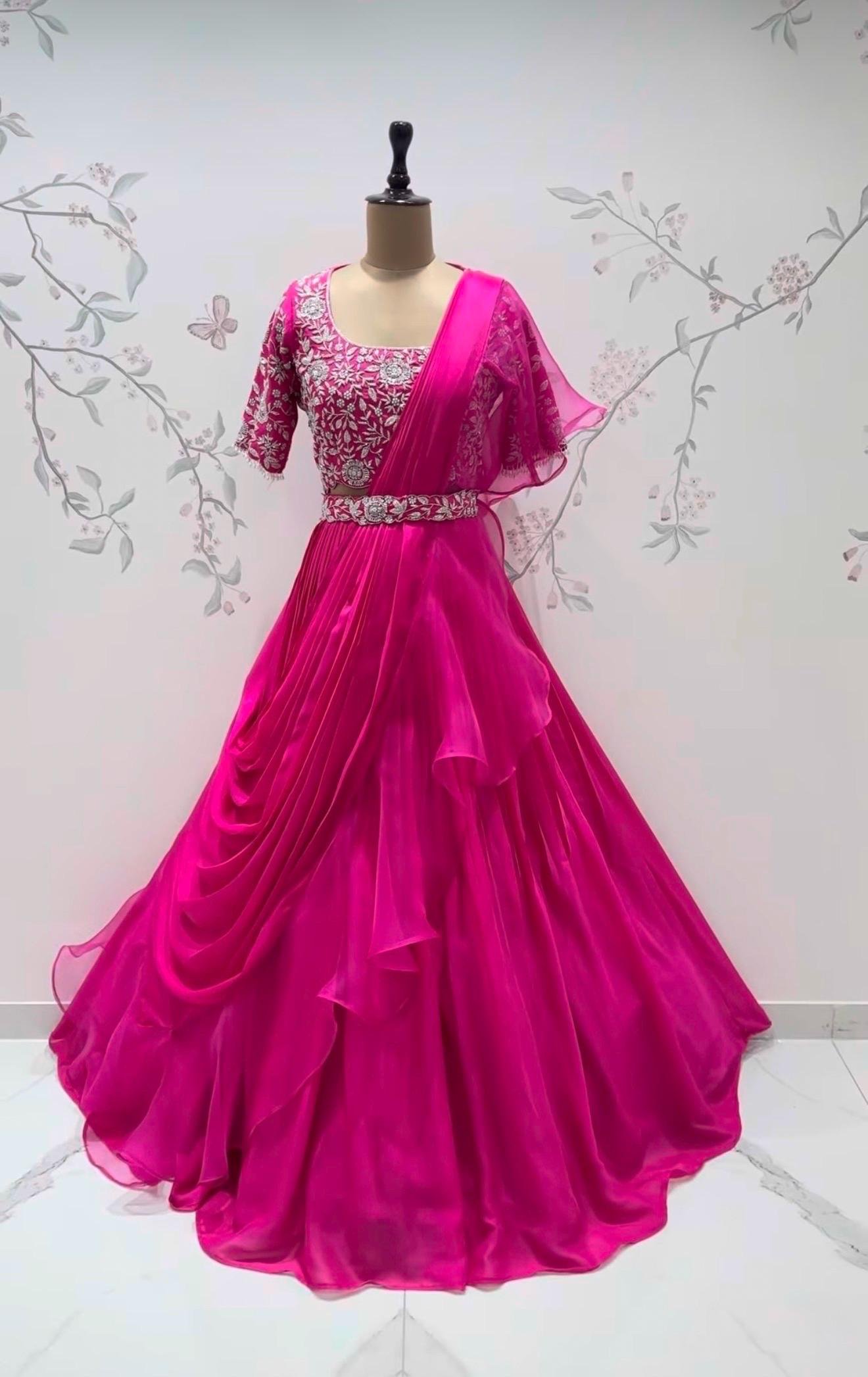 Pink Ruffle Saree: Silk Lehenga Sari with Embroidered Blouse,ready to wear sarees,cocktail saree,lehenga saree,ruffle saree belt,modern sar
