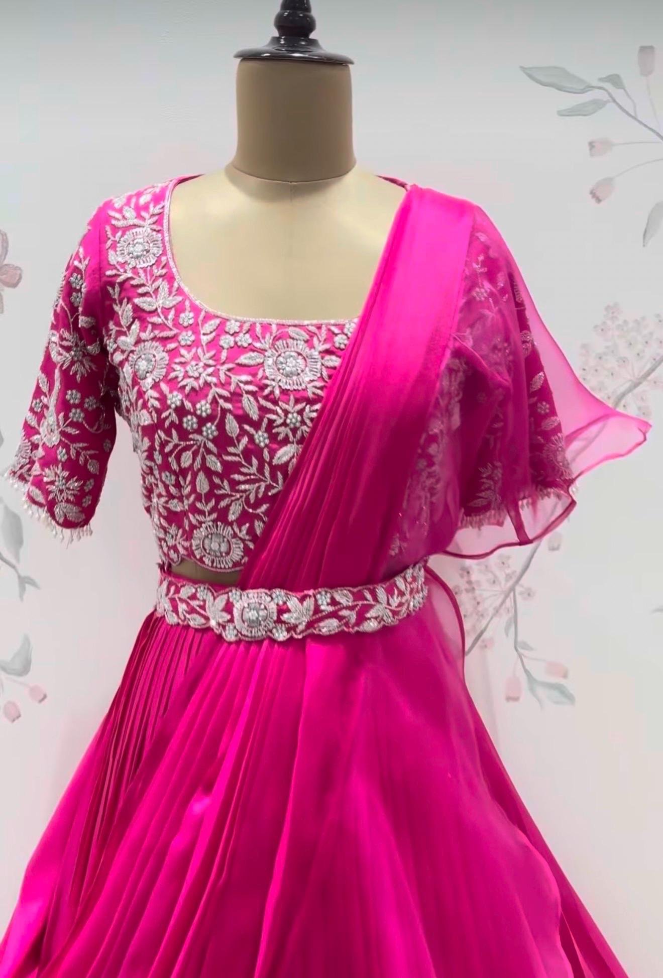 Pink Ruffle Saree: Silk Lehenga Sari with Embroidered Blouse,ready to wear sarees,cocktail saree,lehenga saree,ruffle saree belt,modern sar