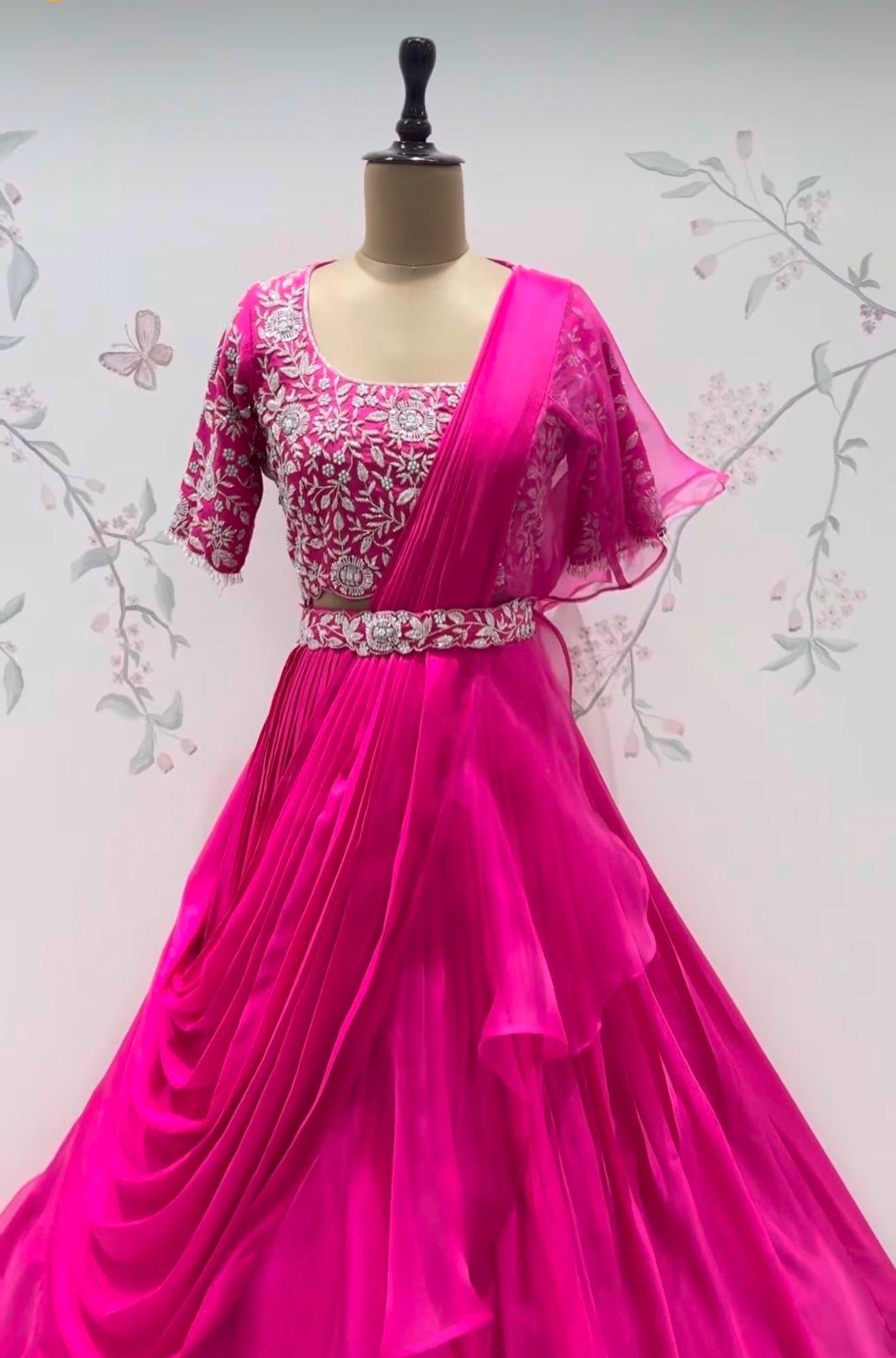 Pink Ruffle Saree: Silk Lehenga Sari with Embroidered Blouse,ready to wear sarees,cocktail saree,lehenga saree,ruffle saree belt,modern sar